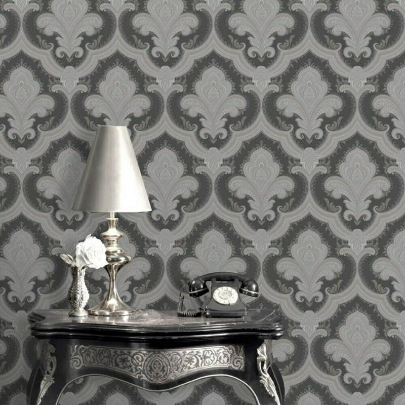Black/Grey Damask Feature Wallpaper Sassari