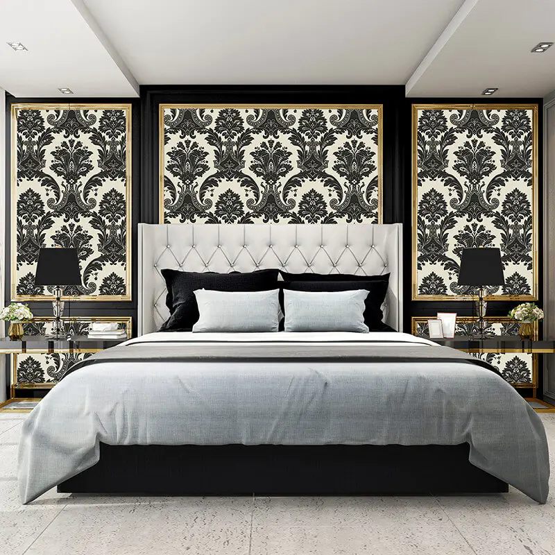 Amara Damask Navy Black/White Metallic Wallpaper