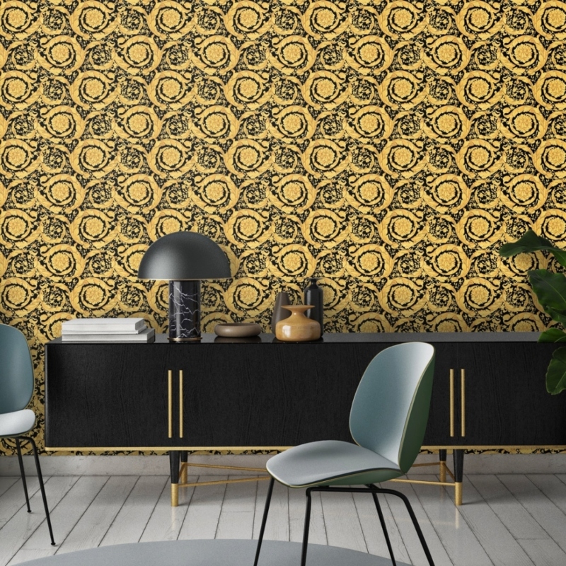 Versace Luxury Barocco Flower Black/Gold Designer Wallpaper 93583-4 -  