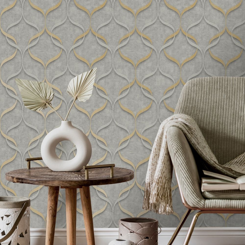 Wave Grey/Gold Trellis Feature Wallpaper 